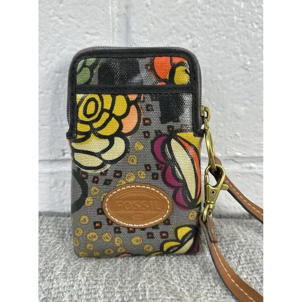 FOSSIL Keyper Carry All Orange Floral Coated Canvas Wristlet Small‎ Wallet